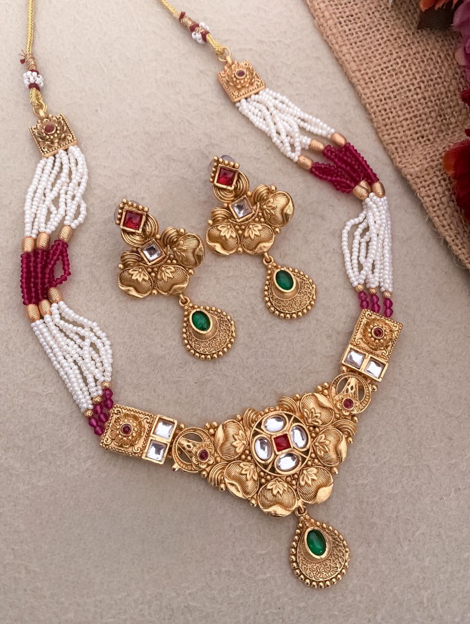 Classic Oxidized Gold Plated Beaded Choker Set with Pearl and Ruby/Emerald Stones - Traditional Indian Jewelry