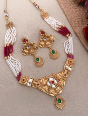 Classic Oxidized Gold Plated Beaded Choker Set with Pearl and Ruby/Emerald Stones - Traditional Indian Jewelry
