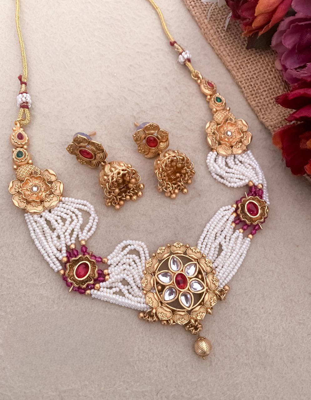 Ethnic Kundan Style Choker Set with Multi-Strand Pearl, Deep Green Beads & Ruby Teardrops - Antique Gold Finish