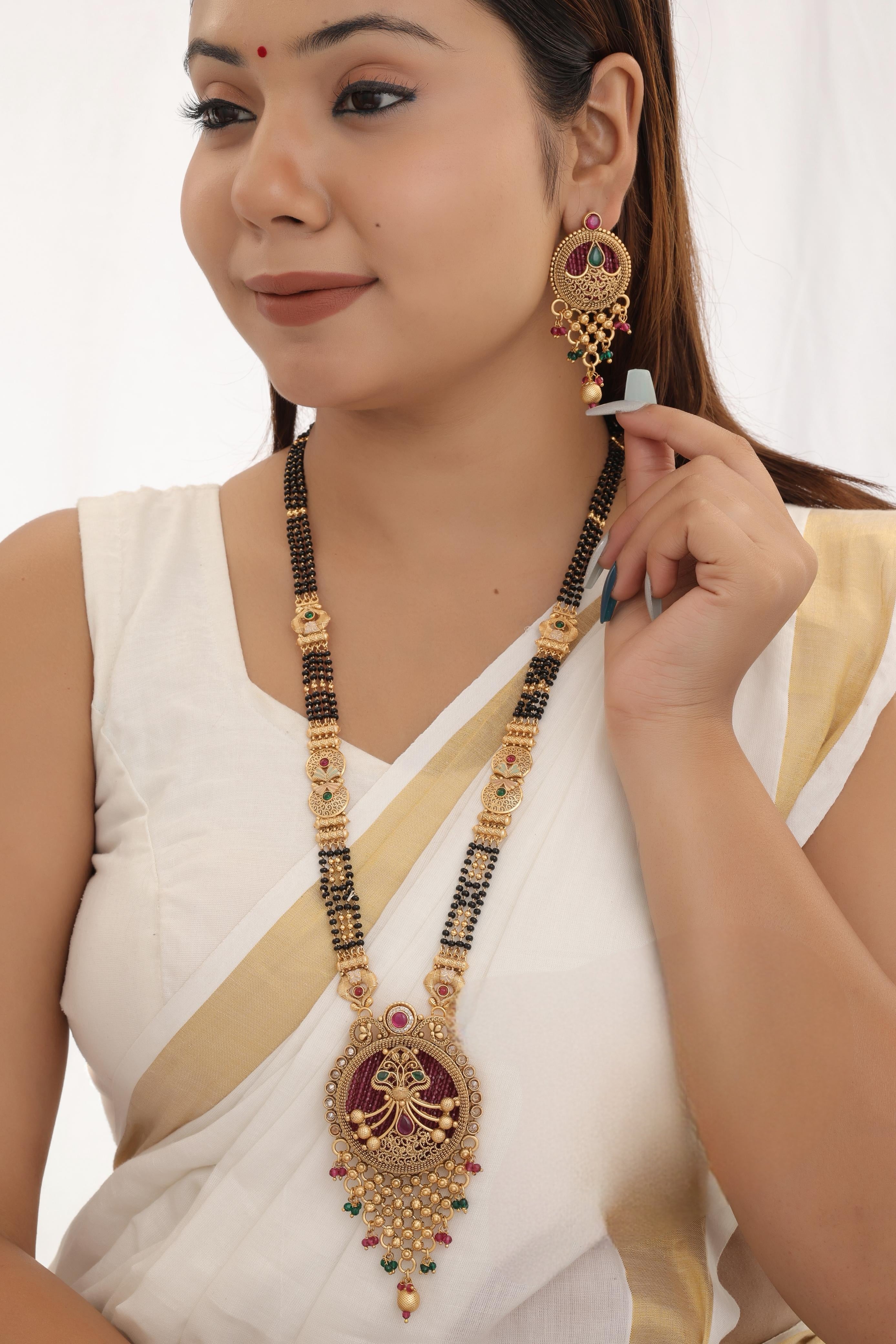 Exquisite Gold-Plated Temple Design Long Mangalsutra with Ruby & Emerald Stones, Matching Earrings
