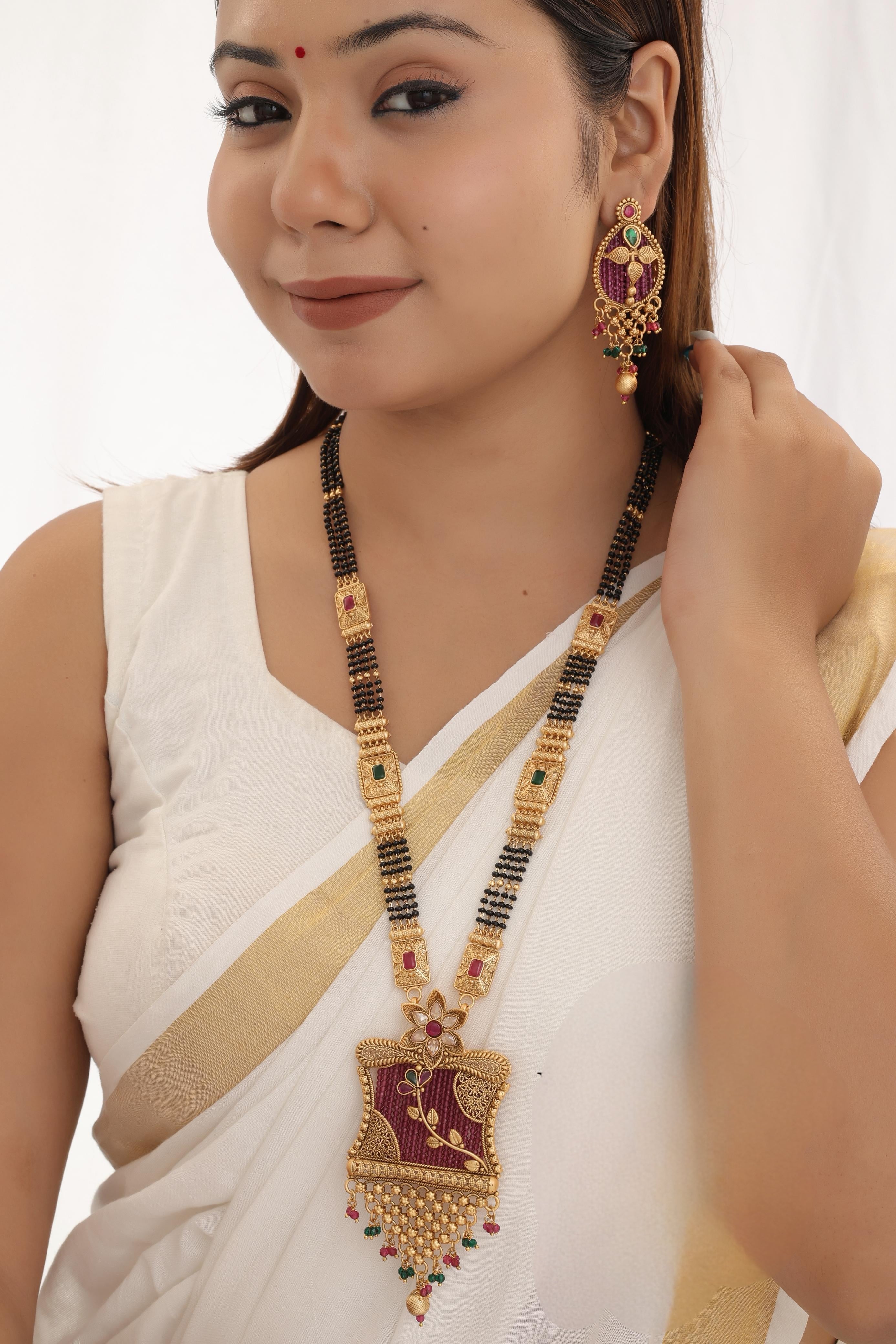 Exquisite Gold-Plated Temple Design Long Mangalsutra with Ruby & Emerald Stones, Matching Earrings