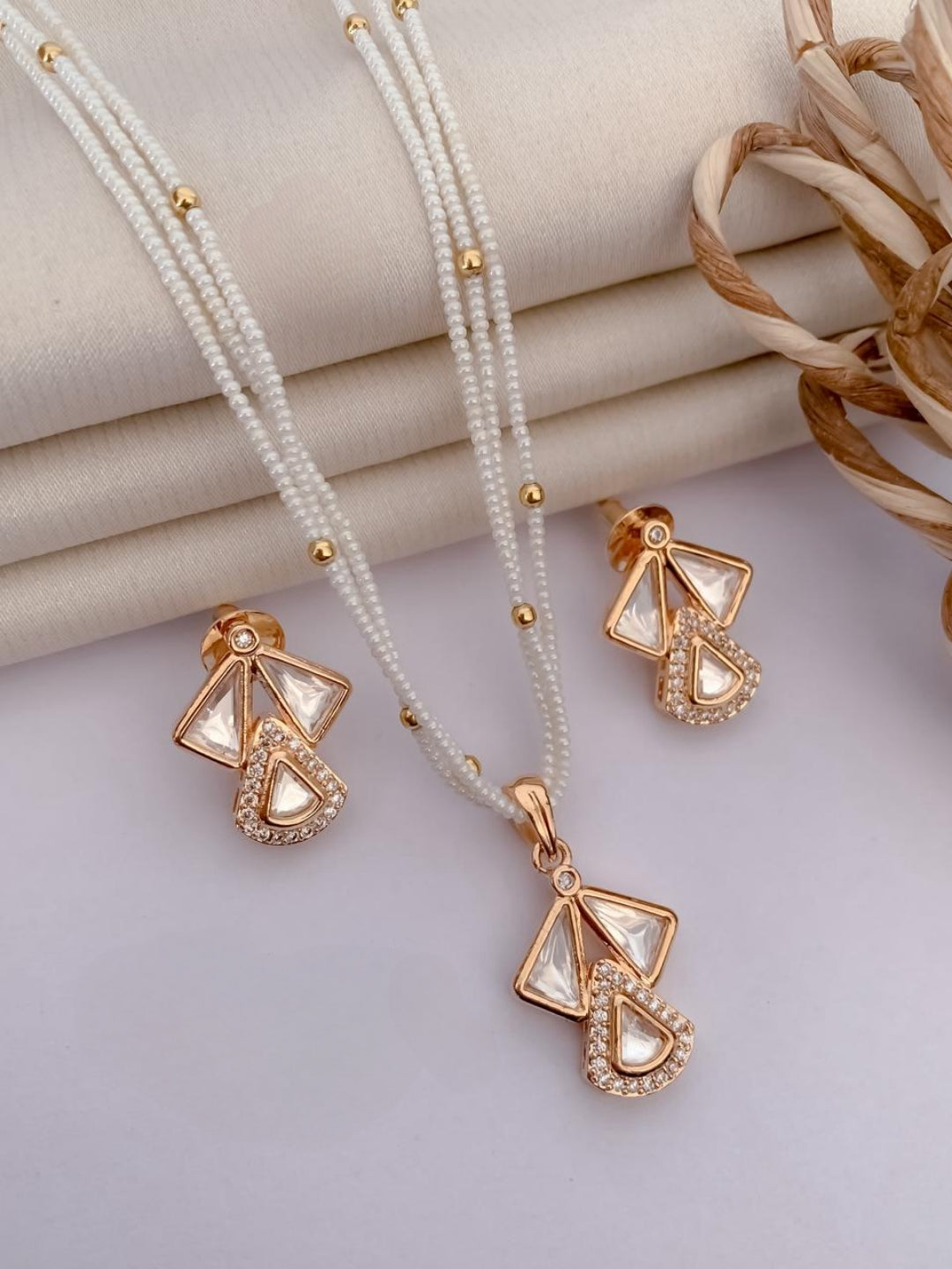 Chic White Beaded Necklace & Rose Gold Apple Pendant Set with Crystal Studs