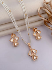 Chic White Beaded Necklace & Rose Gold Apple Pendant Set with Crystal Studs