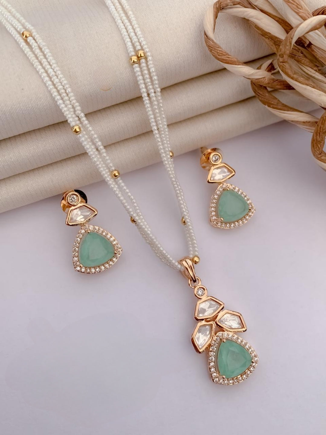 Elegant Rose Gold & Mint Green Stone Beaded Jewelry Set