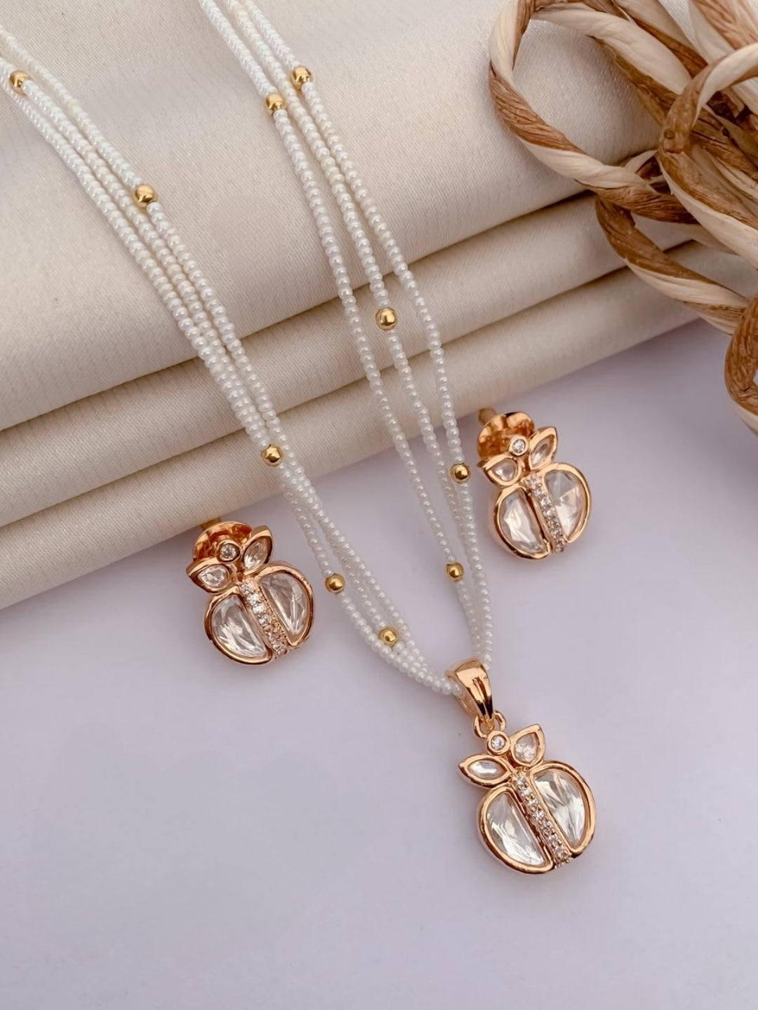 Chic White Beaded Necklace & Rose Gold Apple Pendant Set with Crystal Studs