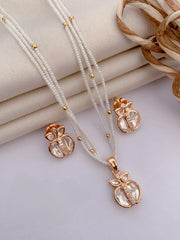 Chic White Beaded Necklace & Rose Gold Apple Pendant Set with Crystal Studs
