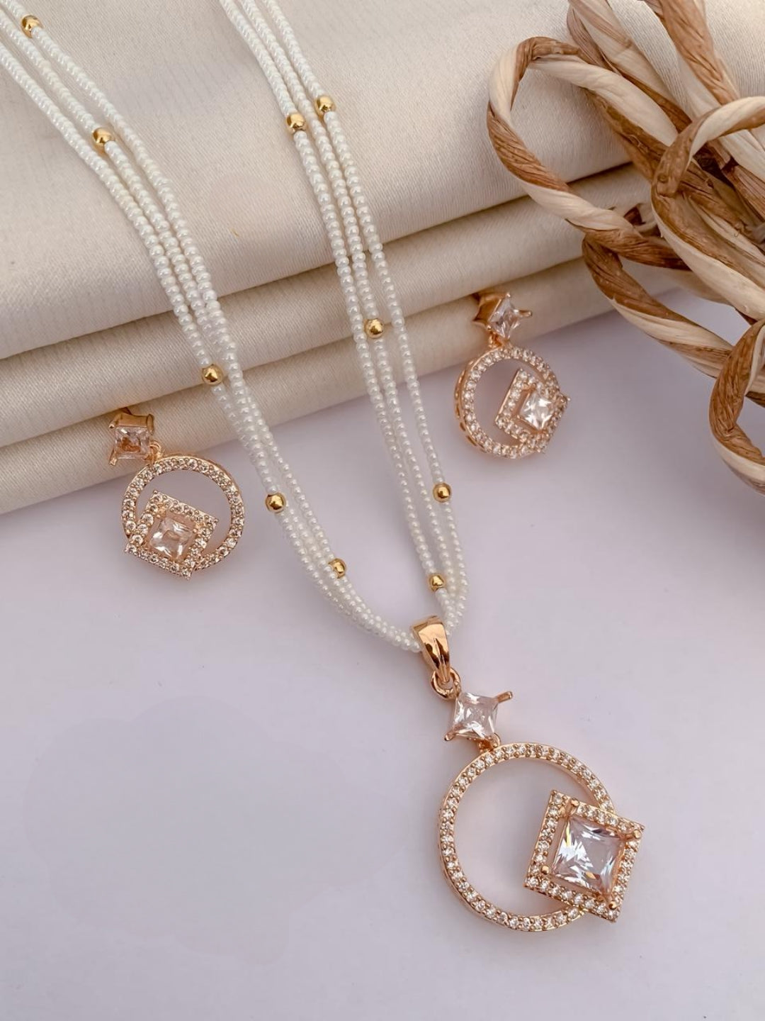 Chic White Beaded Necklace & Rose Gold Apple Pendant Set with Crystal Studs