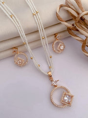 Chic White Beaded Necklace & Rose Gold Apple Pendant Set with Crystal Studs